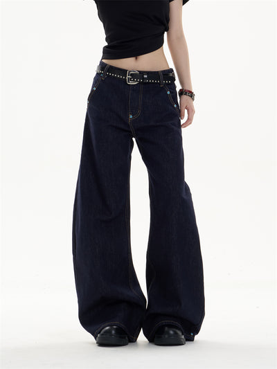 Pantalones Jeans Azul Oscuro Retro Corte Recto Ancho Casual - Image 12