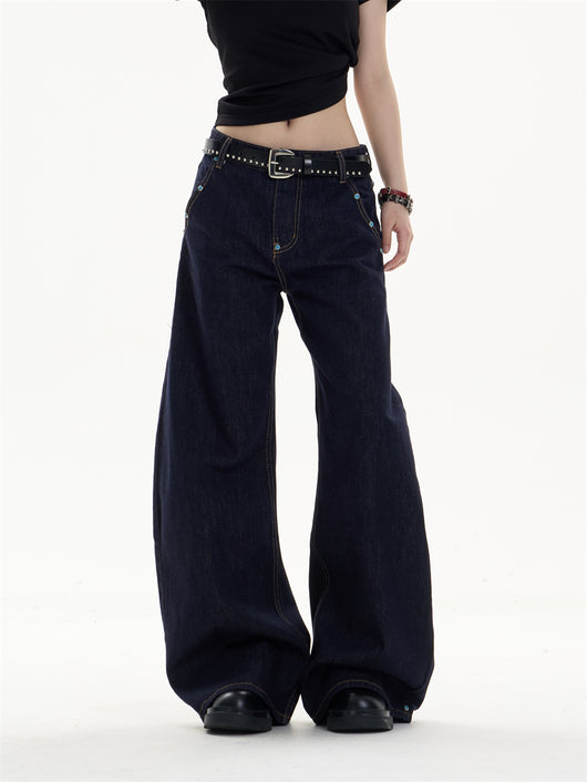 Pantalones Jeans Azul Oscuro Retro Corte Recto Ancho Casual - Image 12