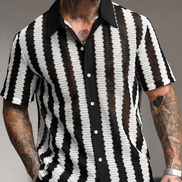 Camisa Manga Corta a Rayas Negras y Blancas con Detalles Calados