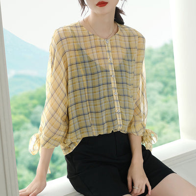 Blusa de Cuadros para Mujer con Mangas 3/4 y Cuello Redondo en Chifón - Image 11