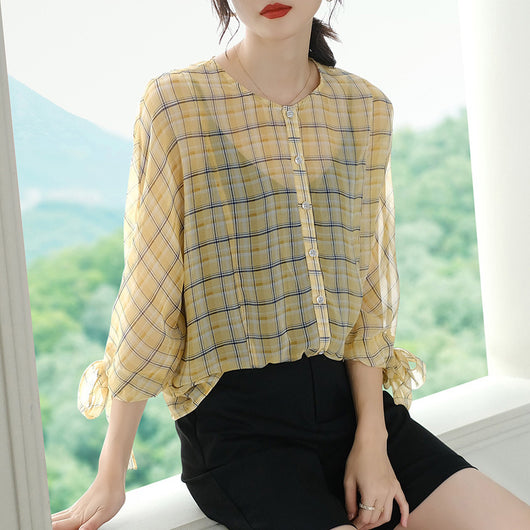 Blusa de Cuadros para Mujer con Mangas 3/4 y Cuello Redondo en Chifón - Image 11