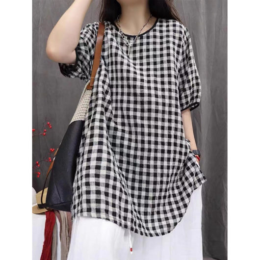 Camisa Cuadros Oversize Artística de Manga Tres Cuartos Estilo Vintage - Image 3