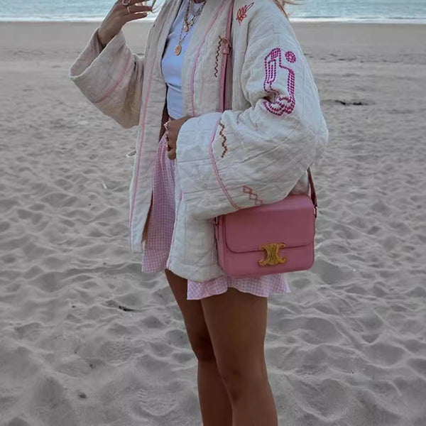 Kimono Casual Versátil con Bordado de Frutas y Cuello en V