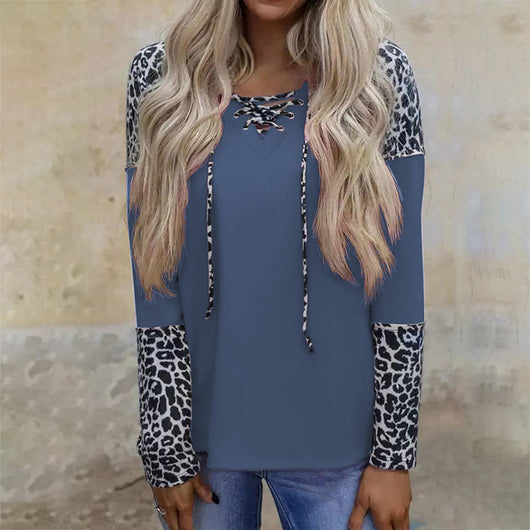Blusa Suelta de Leopardo con Mangas Largas y Costuras Combinadas - Image 6
