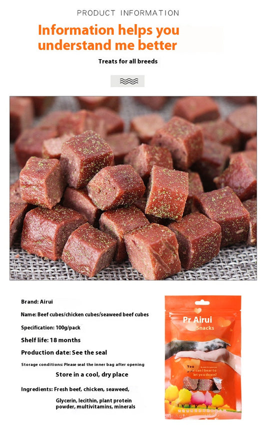 Three varieties of dog treats: dried beef cubes, seaweed beef dices, and chicken cubes, for training and rewards. - Image 5