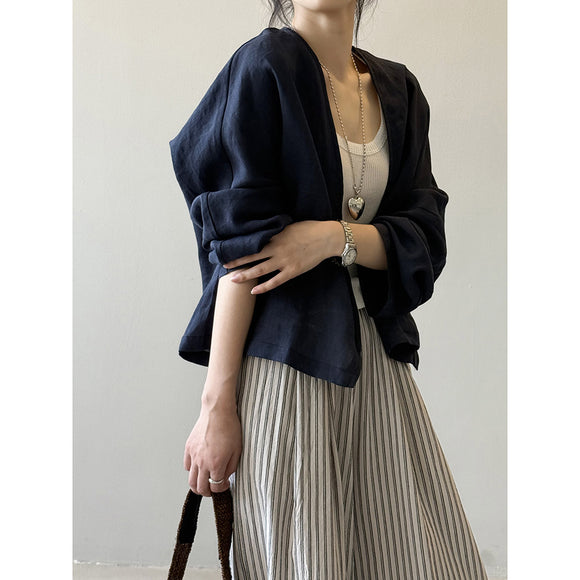 Blusa Suelta de Ramio Retro Artística con Protección Solar y Mangas Largas
