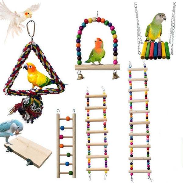 Colorful wooden aerial ladder with five rungs and vibrant beads, featuring metal hooks for birds or hamsters.