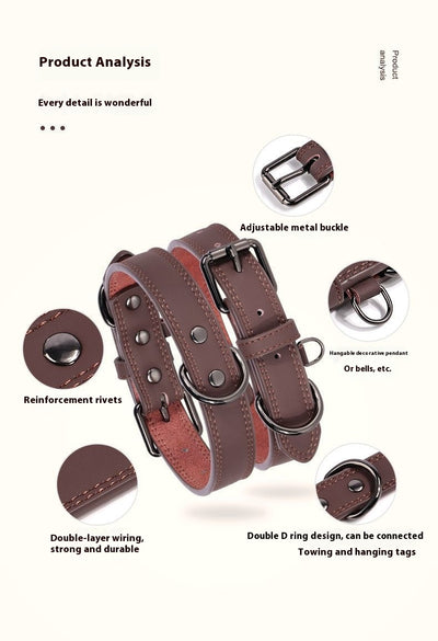 Teal leather pet collar with white stitching, dark metal buckle, and D-ring, displayed on a brown surface. - Image 15