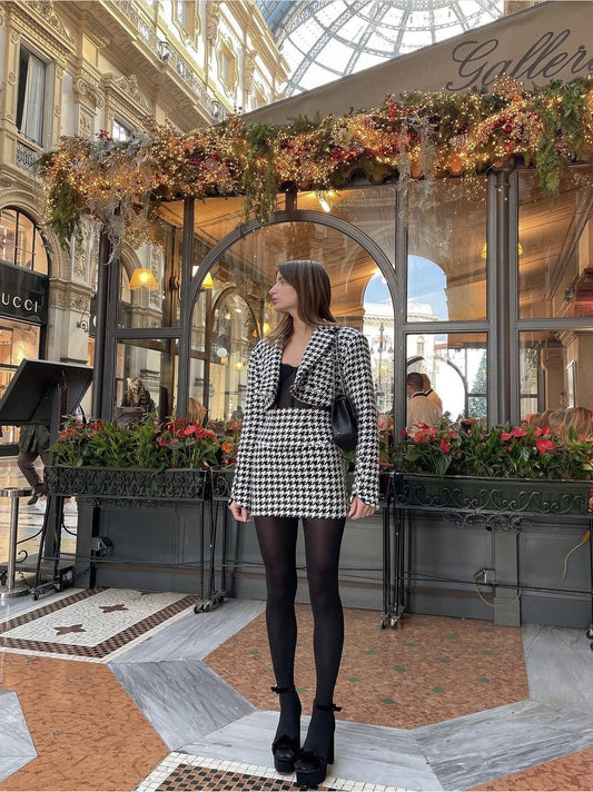 Blazer Falda Cuadros Houndstooth Diseño Ejecutivo