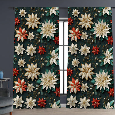Pair of Christmas curtains with a 3D digital print of a snowy winter window scene, frosted trees, and snowflakes. - Image 10