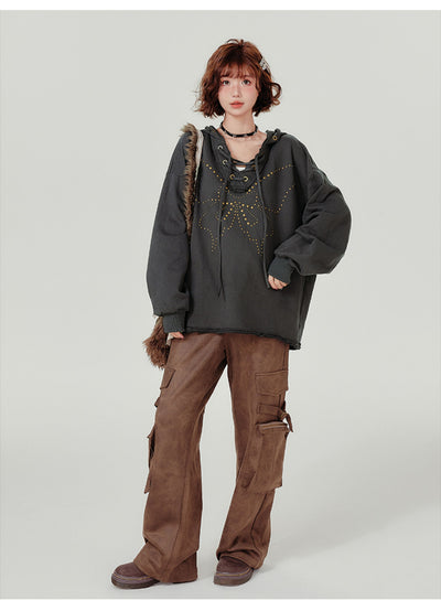 Sudadera Retro con Capucha Mujer - Cuello V Cordones y Remaches - Image 14