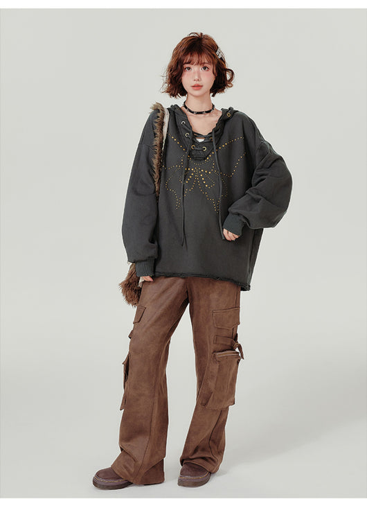 Sudadera Retro con Capucha Mujer - Cuello V Cordones y Remaches - Image 14