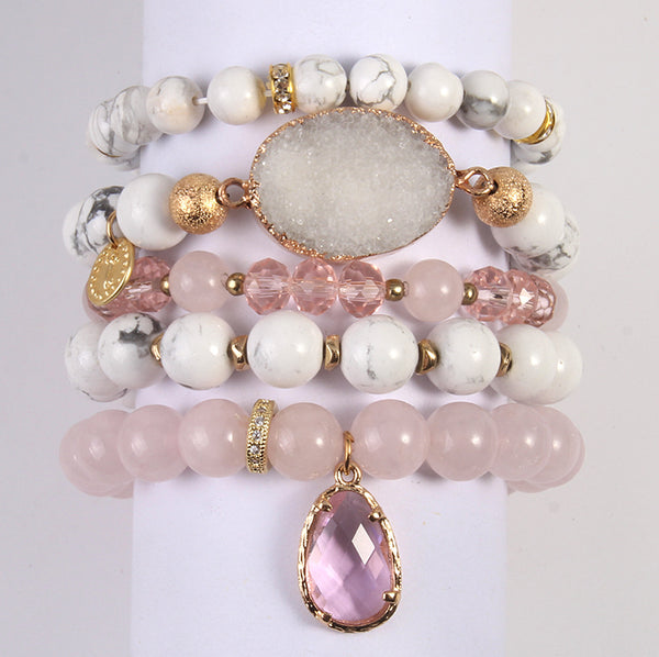 Pulsera de Cristal Natural Rosa con Agrupación de Cuarzo
