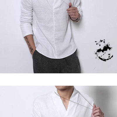 Camisa Lino Manga Larga Estilo Chino Retro para Hombre - Image 27