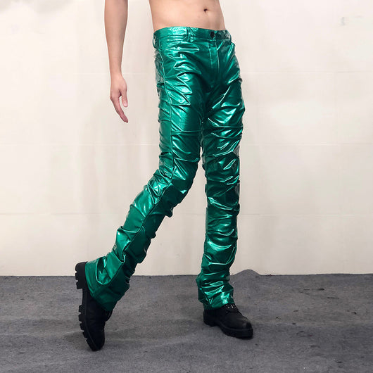 Pantalones de Cuero Acampanados con Espejo Reflectante para Hombre - Image 6