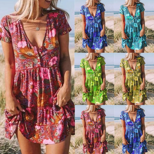 Vestido Estampado Escote V Manga Corta para Mujer