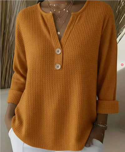 Blusa Suelta de Punto Waffle con Cuello V y Manga Larga - Image 14
