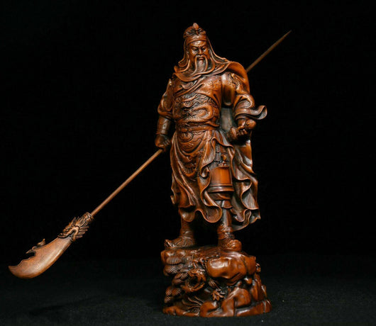 Estatua del Dios de la Riqueza Guan Yu - Talla en Boj Antiguo