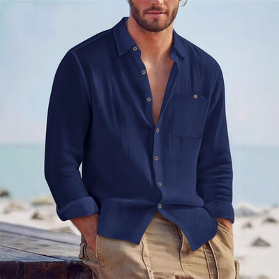 Camisa Cardigan Lino Hombre Fit Relajado Color Sólido - Image 4
