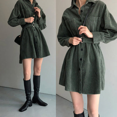 Vestido Camisero Acolchado con Cinturón en Pana - Largo Midi - Image 12
