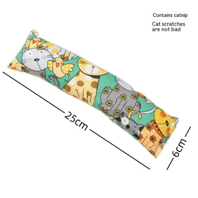 Dark blue catnip pillow toy with white cat, fish, and paw print patterns, measuring 25cm long. - Image 11
