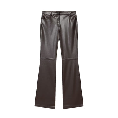 Pantalones de Cuero Casual Efecto Pierna Larga con Cintura Elástica y Bota Acampanada - Image 7