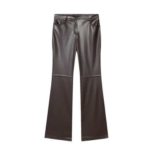 Pantalones de Cuero Casual Efecto Pierna Larga con Cintura Elástica y Bota Acampanada - Image 7