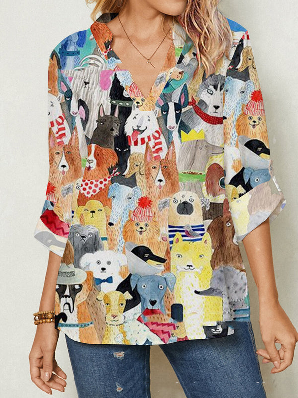 Blusa Manga Larga Cuello V con Estampado de Animales Cartoon para Mujer