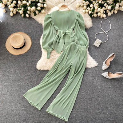 Conjunto Elegante: Blusa de Gasa con Mangas Abullonadas y Pantalón Ancho - Image 5