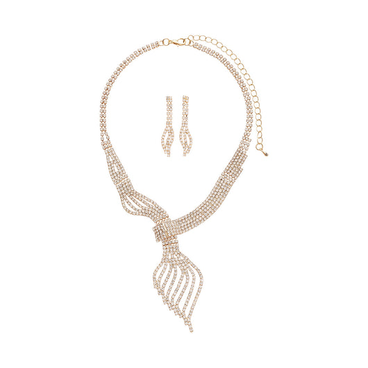 Gold-tone rhinestone necklace and matching dangle earrings set. The necklace features a multi-strand, leaf-like design. - Image 5