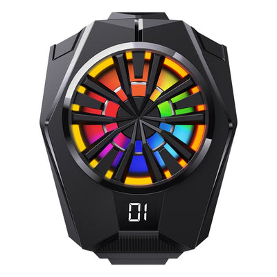 Black mobile phone cooling fan with colorful LED lights attached to the back of a silver smartphone. - Image 6