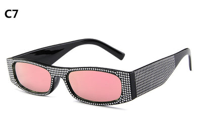 Yellow rectangular sunglasses with clear rhinestone-studded frames and matching yellow lenses. - Image 3