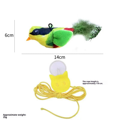 Plush bird cat toy with orange chest, brown body, and real speckled feathers, includes a yellow hanging rope. - Image 8