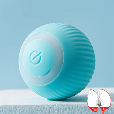 Pink USB rechargeable electric rolling ball cat toy with a textured surface and a power button, shown with its charging cable. - Image 6