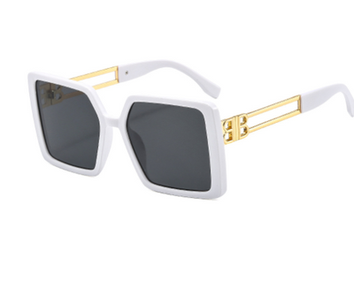 Women's large frame square sunglasses with black plastic frames, purple gradient lenses, and gold-tone metal temples. - Image 12