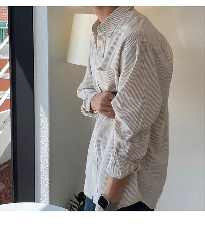 Camisa Casual Holgada de Manga Larga a Rayas para Hombre - Image 17