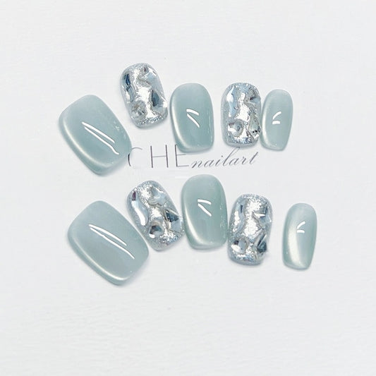 Uñas Postizas Personalizadas Ojo de Gato Cuadrado Azul Verano