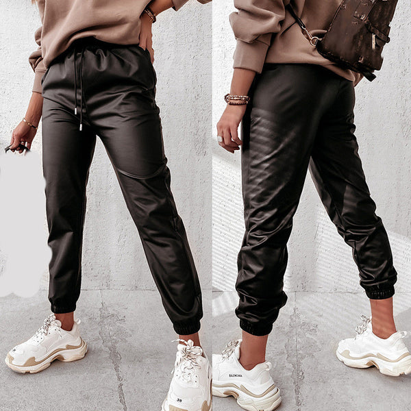 Pantalones de Cuero Casual con Tirantes y Color Sólido para Mujer