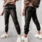 Pantalones de Cuero Casual con Tirantes y Color Sólido para Mujer
