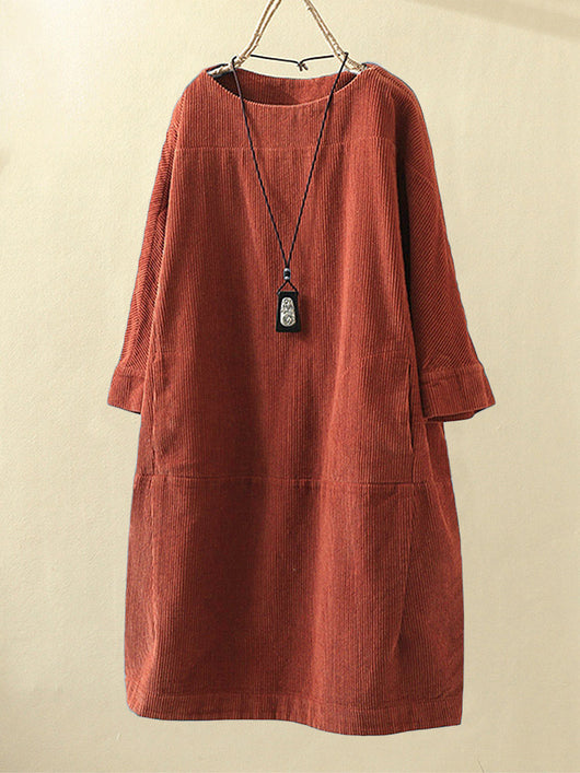 Vestido Cómodo Coreano de Color Sólido con Mangas Tres Cuartos - Image 6