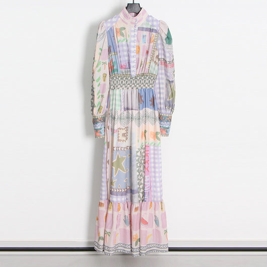 Vestido Largo Estilo Resort con Cuello de Pie y Mangas Largas Estampado para Mujer - Image 10