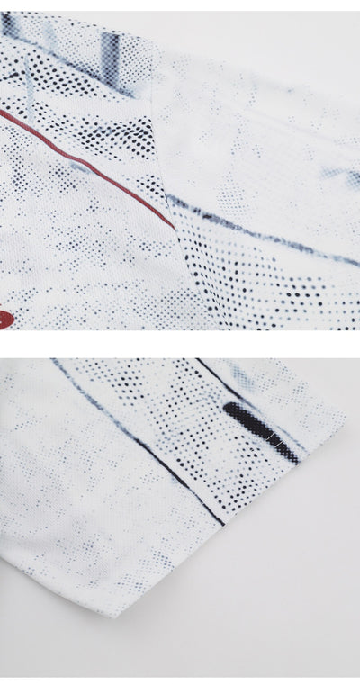 White short sleeve t-shirt with black and white abstract print, round neck, and 'GRAYSTAR' text on the front. - Image 7
