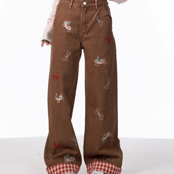 Jeans de Pierna Ancha Cintura Alta con Bordado de Moño Vintage