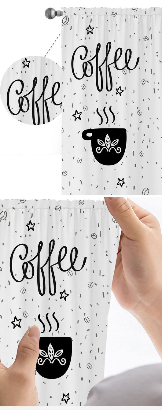 White polyester curtains with a black and white cartoon coffee print, featuring "Coffee" script, steaming cups, and scattered beans and stars. - Image 8