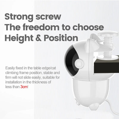 White cat-shaped intelligent laser toy with a black visor and a colorful feather wand attachment for pets. - Image 19
