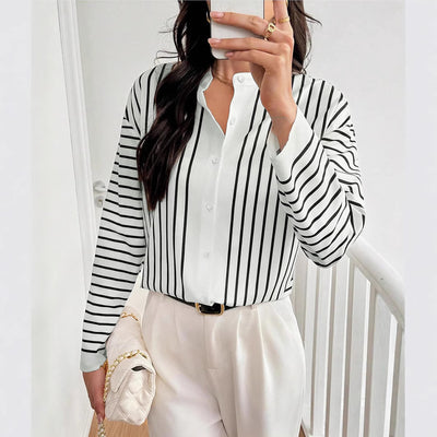 Blusa Rayada Estampada con Contraste de Colores y Botones Simples - Image 4