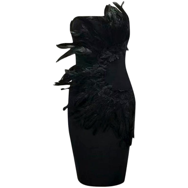 Vestido Bandage Ajustado con Costura de Plumas - Tubo Escotado Elegante