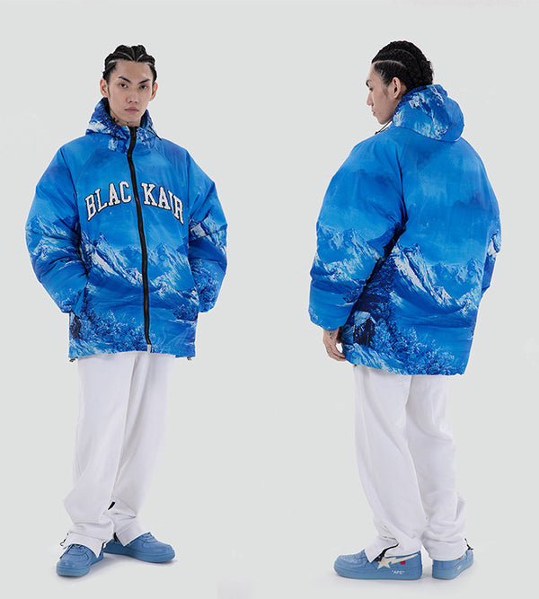 Chaqueta de Algodón Grueso con Letras Bordadas Estampado Montaña Nevada