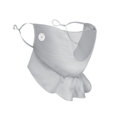 Pink chiffon sun mask with ear hooks, ruffled bottom, and mesh panel for UV protection. - Image 11