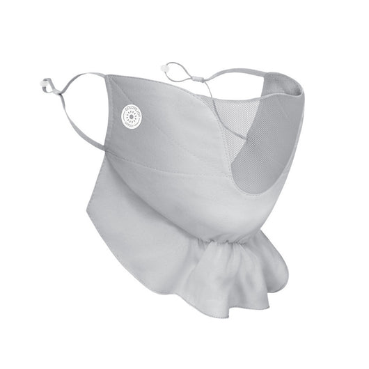 Pink chiffon sun mask with ear hooks, ruffled bottom, and mesh panel for UV protection. - Image 11